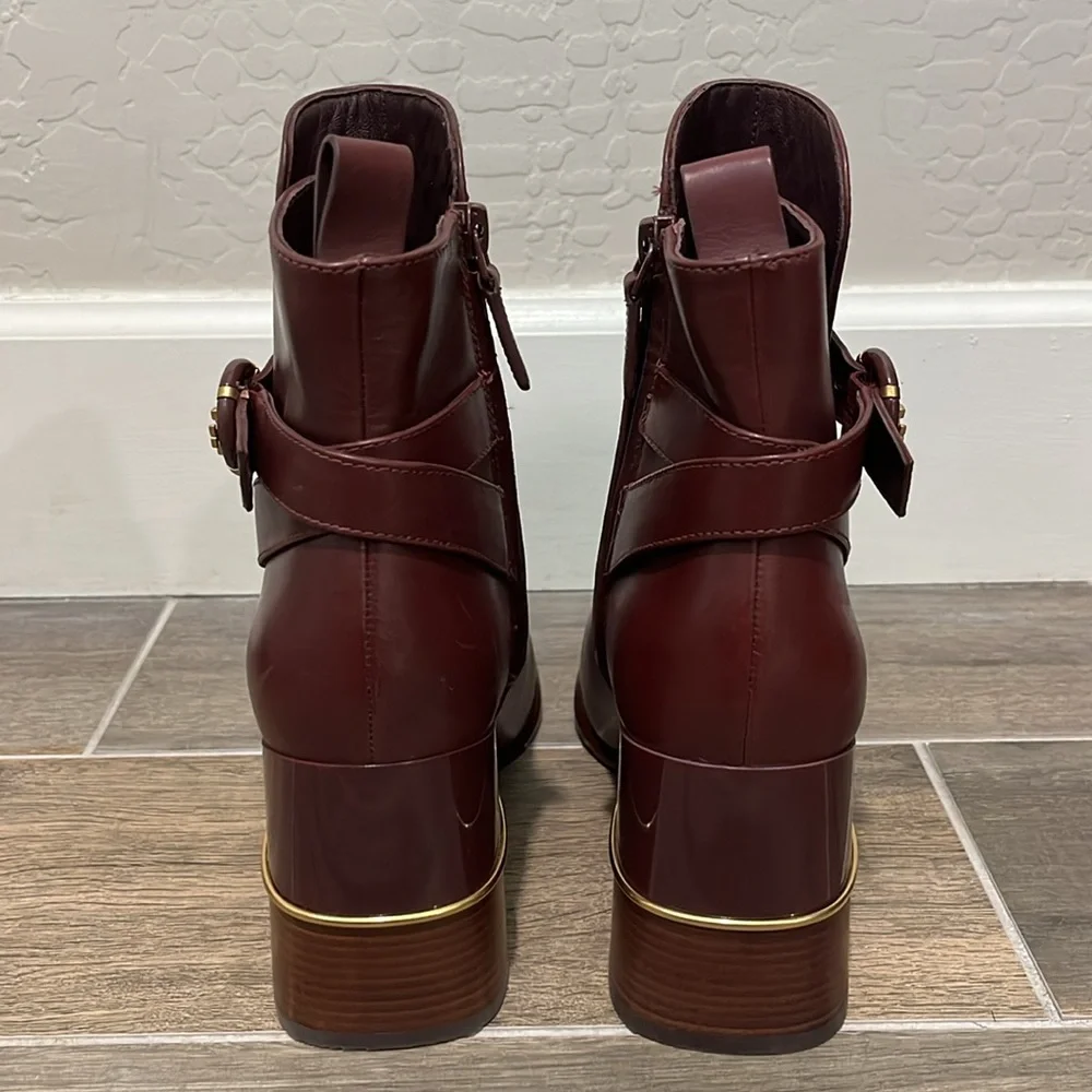NEW Tory Burch Multi Logo Buckle Leather Heeled Boot in Claret Size 9.5